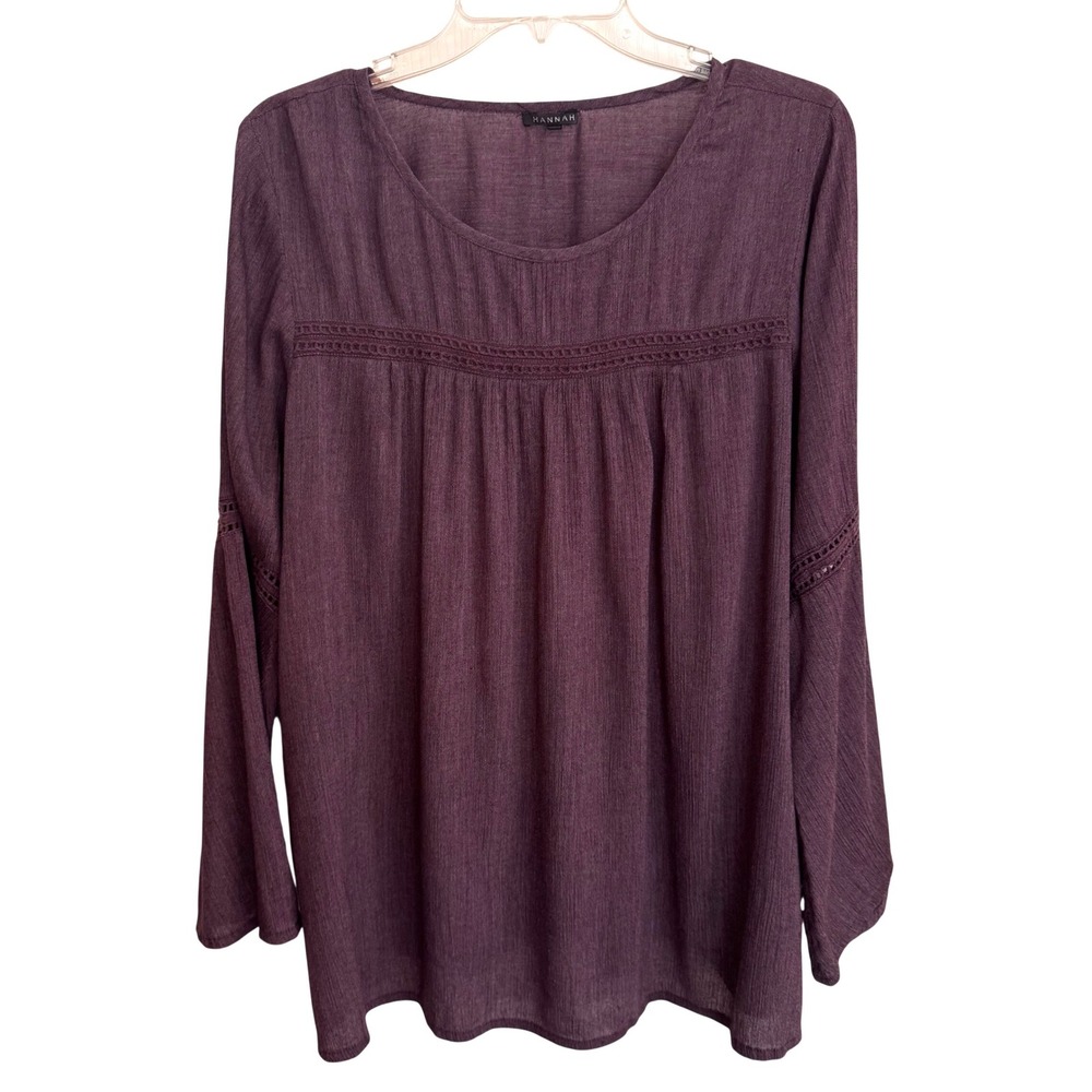 Hannah Women XL Plum Purple Bell Sleeve Crochet Lace Trim Peasant Blouse Top